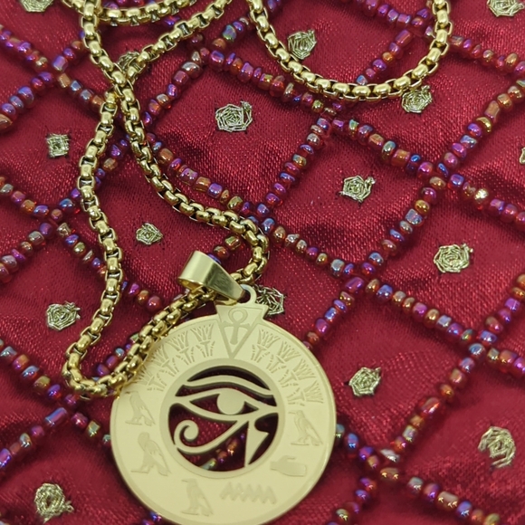 Mythological Egyptian Pendant Necklace-Gold Color Metal Evil Eye Unisex Jewelry - Picture 4 of 10